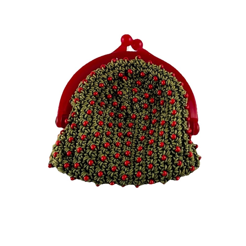 Green Crochet Coin Purse With Red Seed Beads-‎ 1940's- VTG, Strawberry, Granny